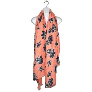 Salmon & Navy Blue Tulip Floral Print Rectangle Large Scarf With Mini Fringe